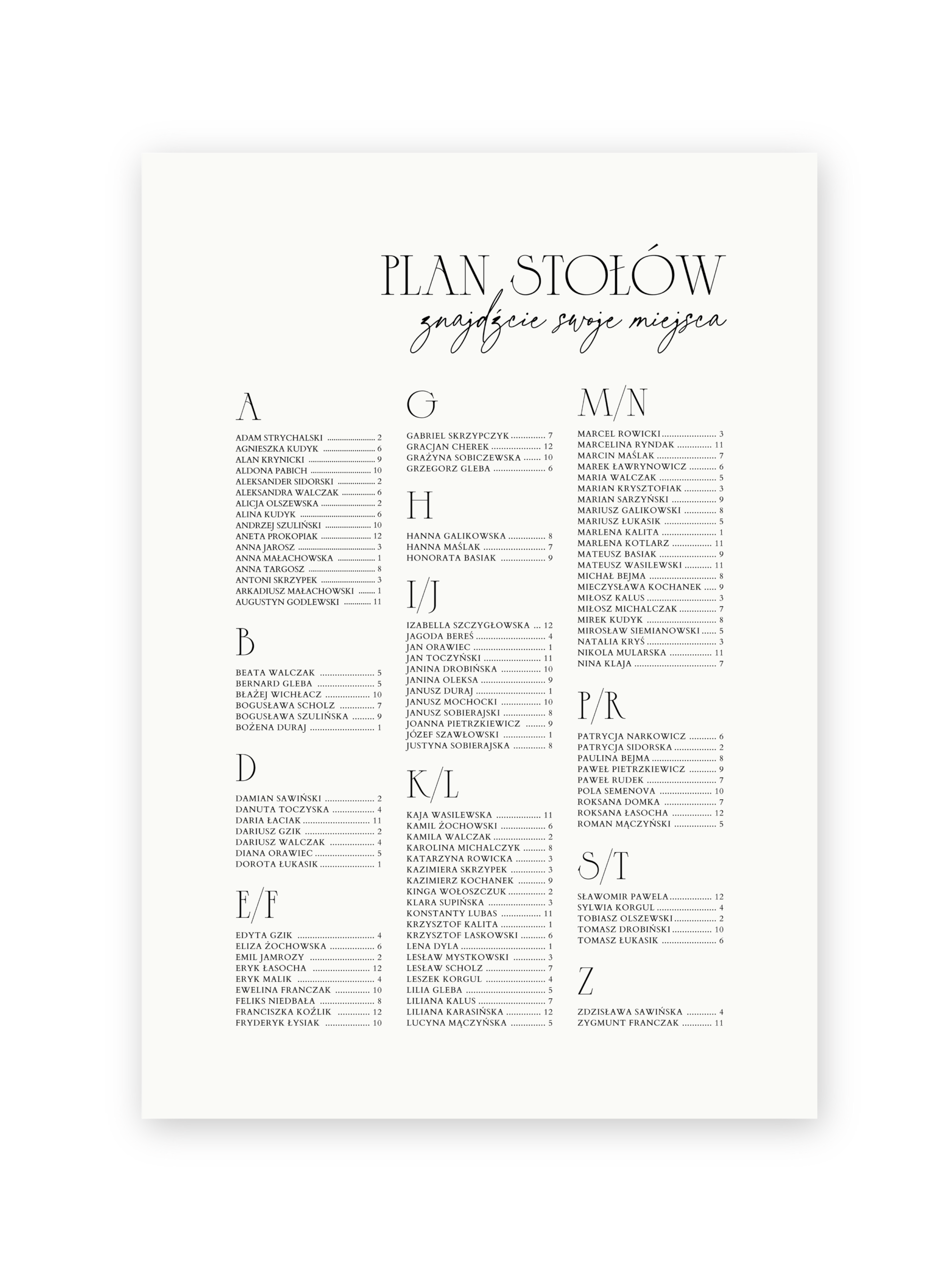 Plan stołów Elegant Arch (alfabetyczny)