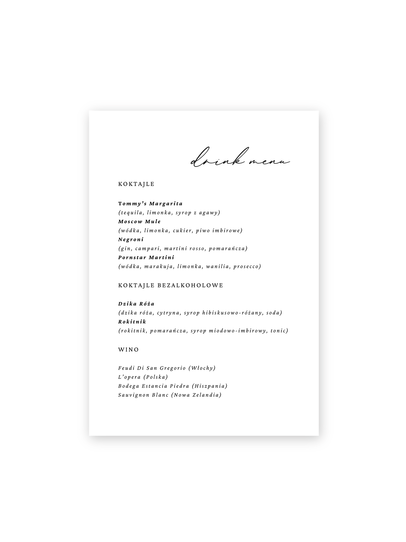Drink Bar Menu Pearl Posh