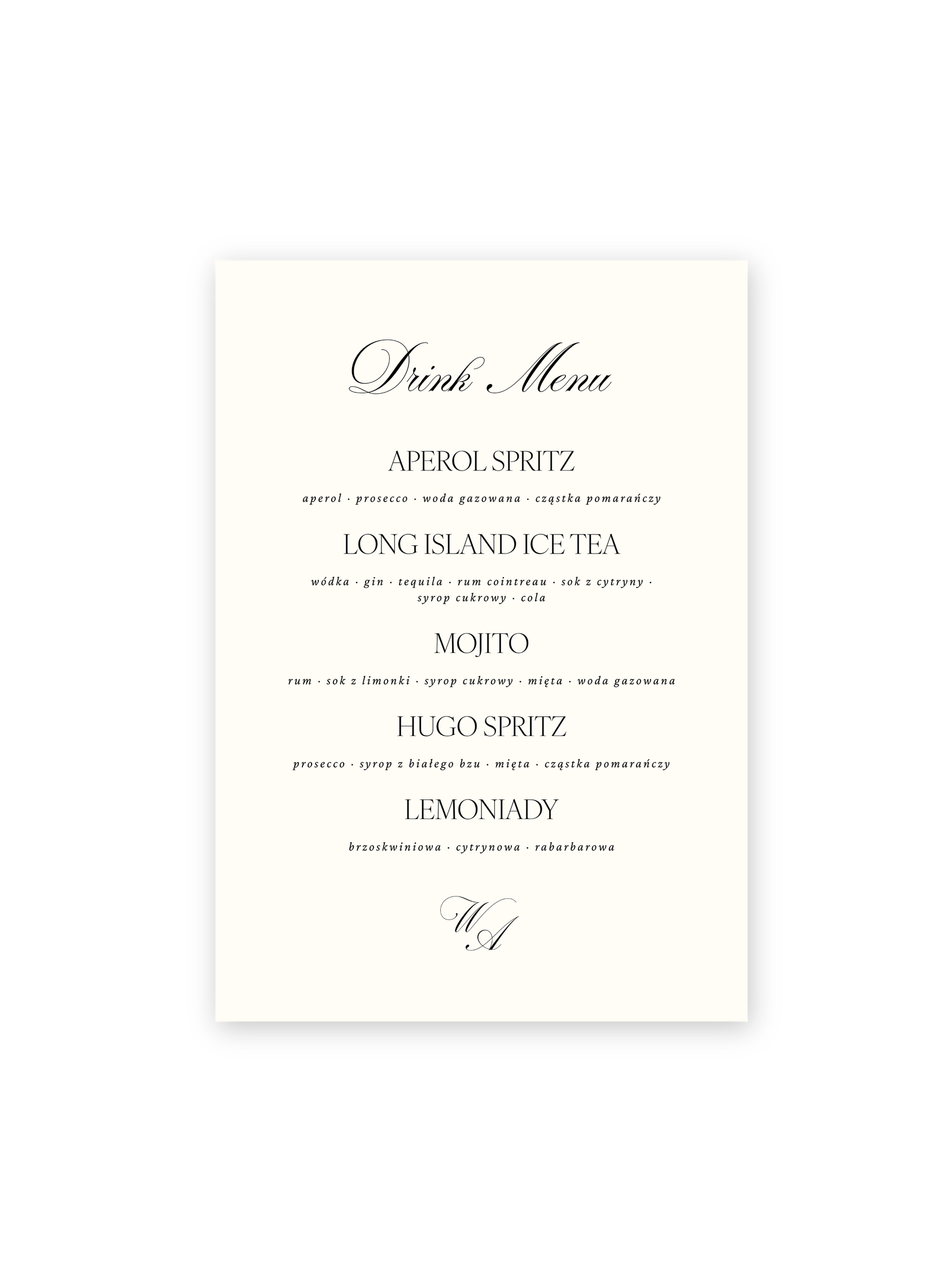 Drink Bar Menu Timeless Elegance
